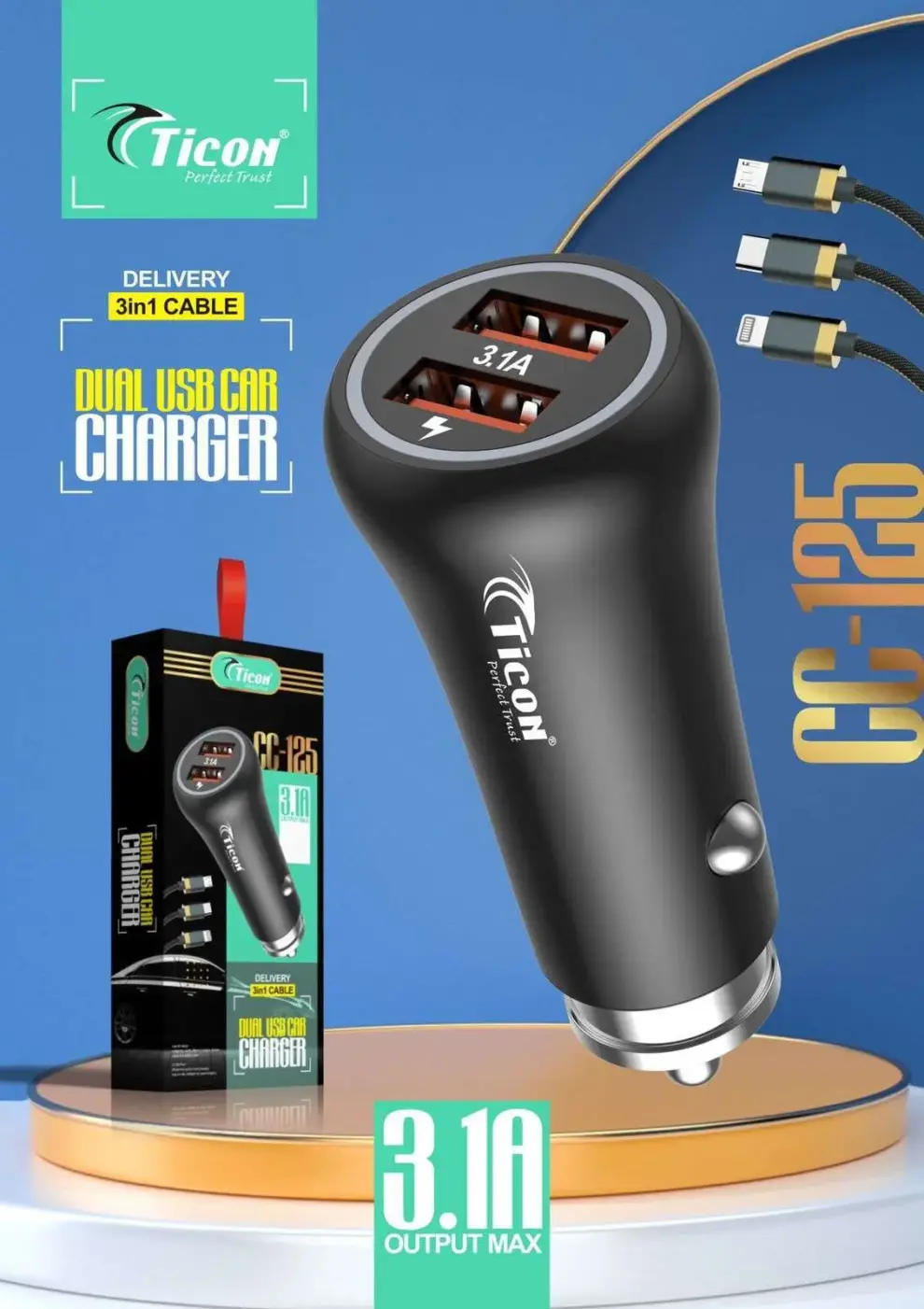 CC-125 3in1 Dual USB Ticon Car Charger