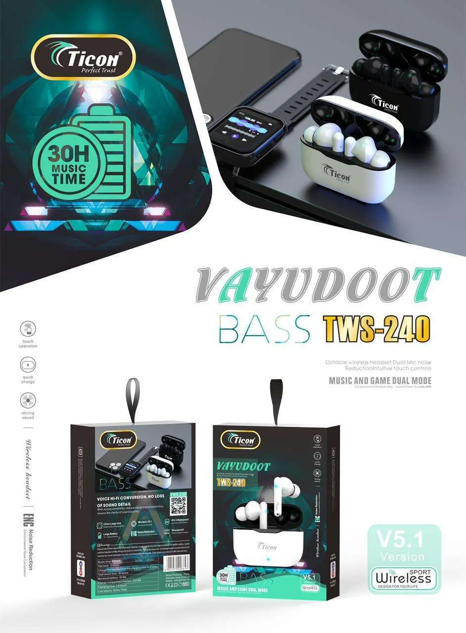TWS-240 Vayudoot Ticon Earbuds With 30Hour Music Time Battery Backup