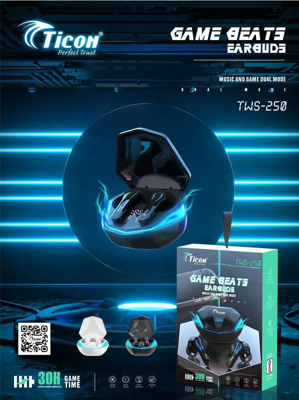 TWS-250 Game Beats Ticon Earbuds With 30Hour Game Time Battery Backup