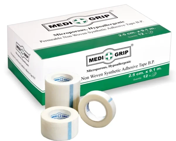 Medi Grip Tape & Permeable Non Woven Synthetic Microporous Hypoallergenic Adhesive Tape B.P. (Tape Size: 2.5cm & 5m.) - Pack Of 5