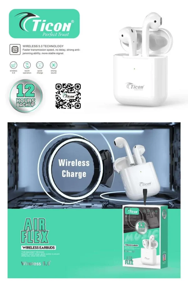 Air Flex Wireless 5.0 Ticon Earbuds With Wireless Charging (12 Hours Battery Backup)
