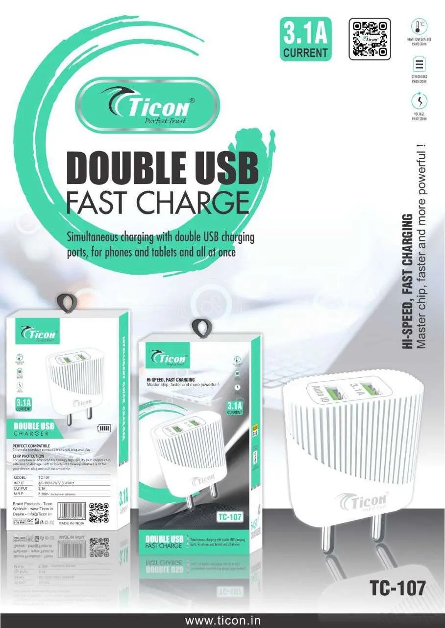 TC-107 Dual USB 3.1A Fast Ticon Charger