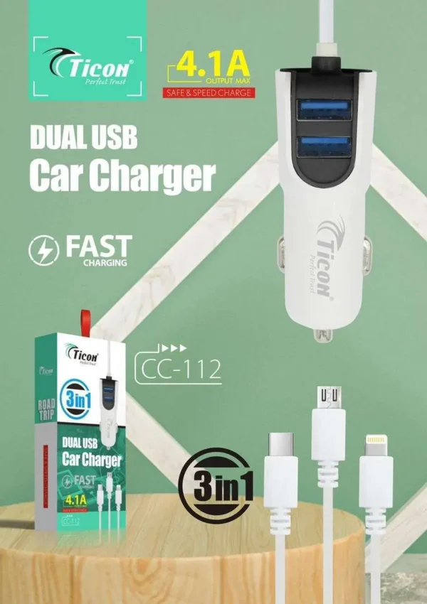CC-112 4.1A - 3in1 Ticon Dual USB Car Charger With Fast Charging