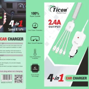 4in1 2.4A - Single USB Ticon Car Charger With Attached 4in1 Charging Cable