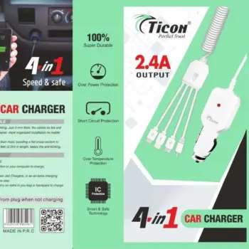 4in1 2.4A - Single USB Ticon Car Charger With Attached 4in1 Charging Cable