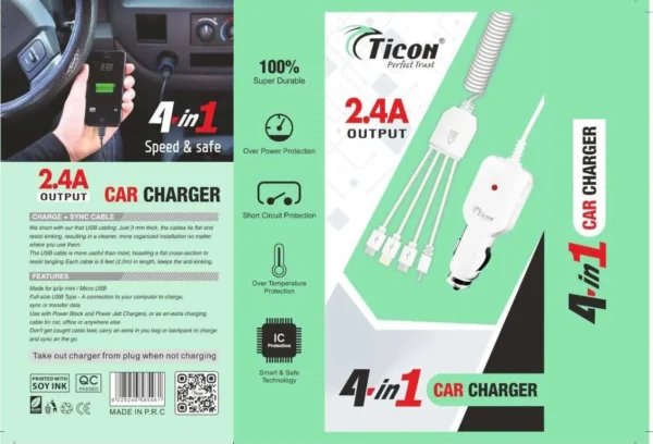 4in1 2.4A - Single USB Ticon Car Charger With Attached 4in1 Charging Cable