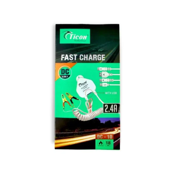 DC-10 Ticon DC Charger With Inbuild 4in1 - V8/ 2-V8 / Type-C Charging Cable