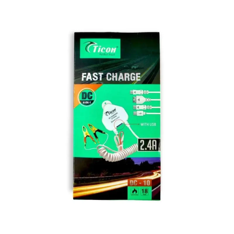 DC-10 Ticon DC Charger With Inbuild 4in1 - V8/ 2-V8 / Type-C Charging Cable