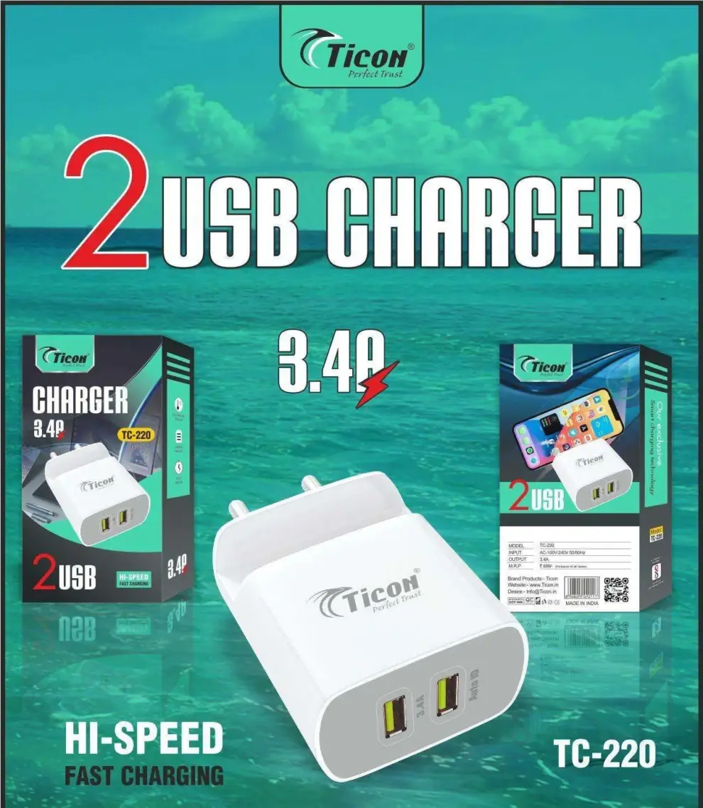 TC-220 Ticon Dual Port Charger 3.4A High Speed Fast Charging With Micro USB Data Cable