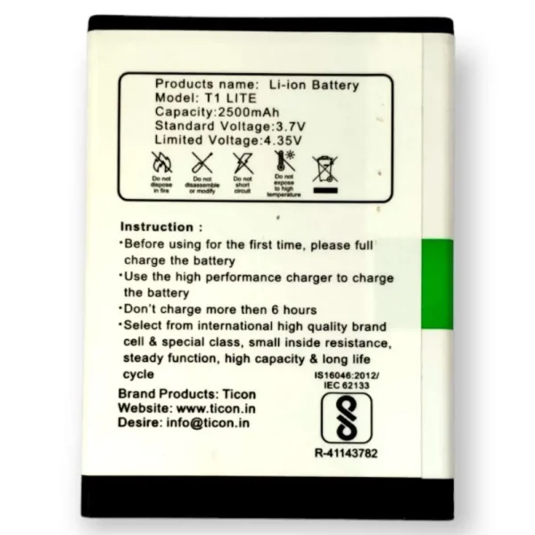 Mobile Battery For Intex Aqua Lion T1 Lite (BR22023UL) 2500mAh Ticon Battery